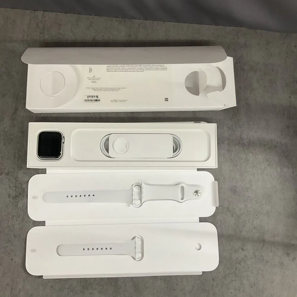 Apple Watch SE 44mm Silver Aluminum Case White Cellular Sport Band MYDQ2LL/A